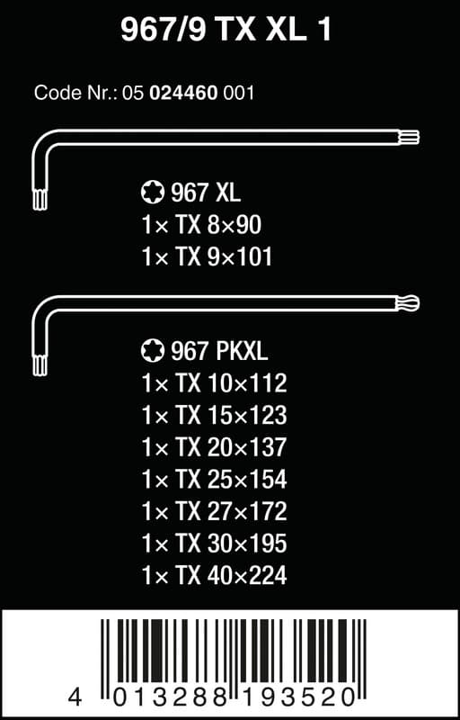 TORX NØGLESÆT, LANGT, 9 DELE - W05024460001