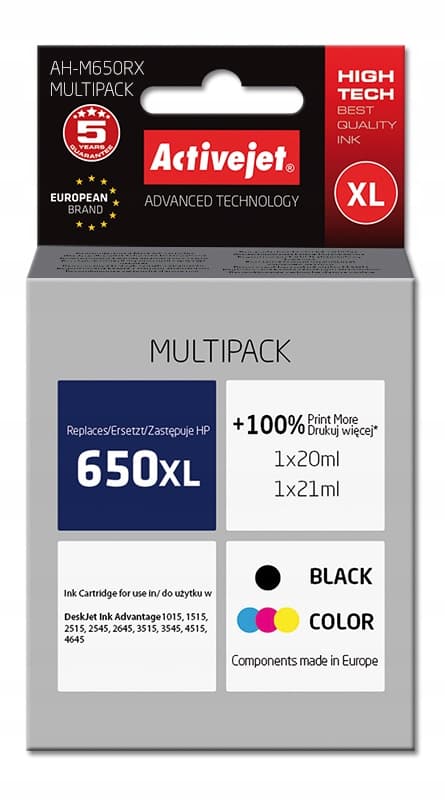 Activejet HP 650 CZ101/CZ102 -muste, 20 ml musta, 21 ml värillinen