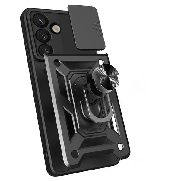 Hybrid Armor Camshield-cover med stativ og kameracover til Samsung Galaxy S25 Edge - Sort