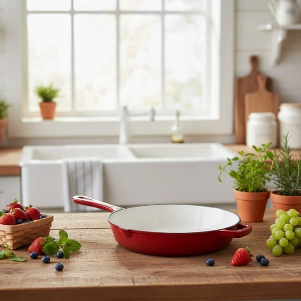 EMALJERET STØBEJERNSPANDE 26CM HAGE RED