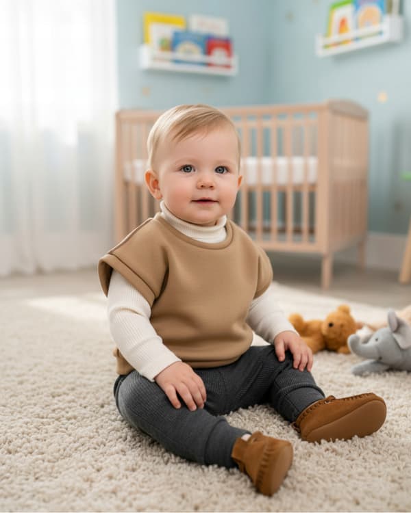 Baby poncho väst med huva bomull beige