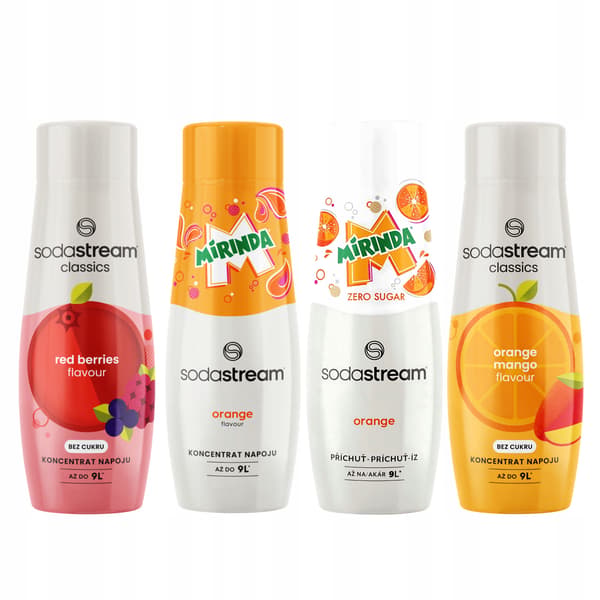 4 Sodastream Siraps Skogsfrukter + Mirinda + Mirinda Zero + Orange Mango