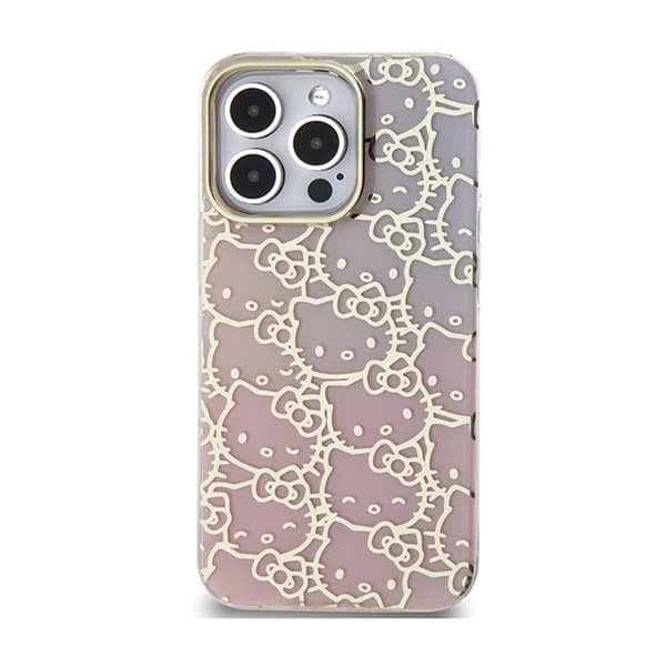Hello Kitty IML Gradient Electrop Crowded Kitty Head - iPhone 15 Pro -suojakuori (Vaaleanpunainen)