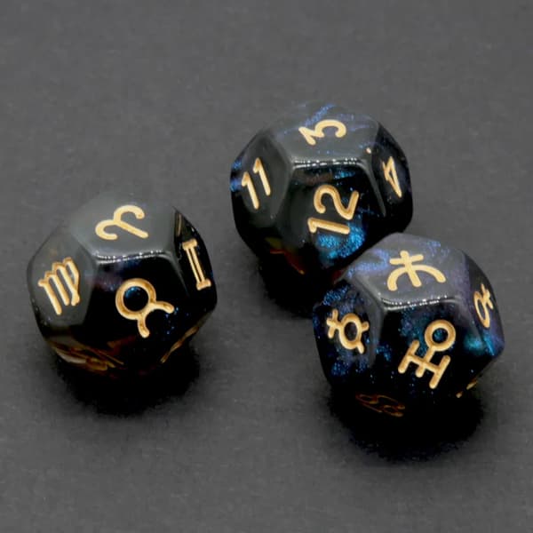 RPG terninger Zodiac sæt med 3 tolvsidede terninger D12 spådom