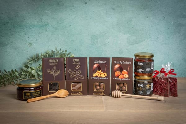 Presentkorg-set mörk med te, kaffe, sötsaker, honung och sylt