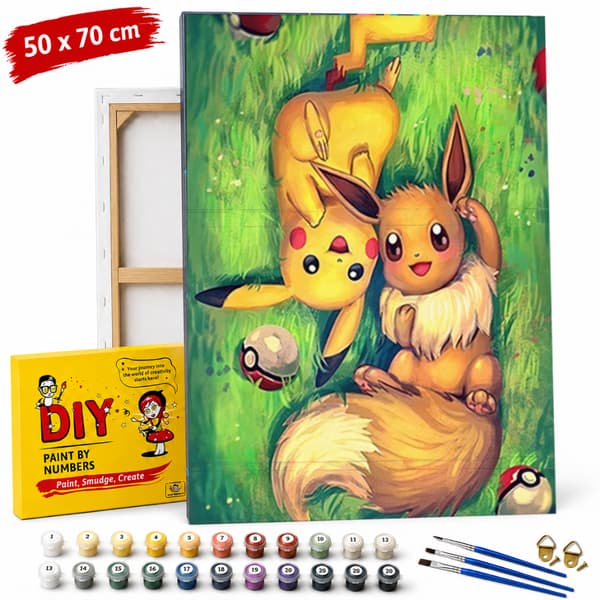 Måla efter nummer-bild med ram Pokémon Pikachu och Eevee 50x70 cm