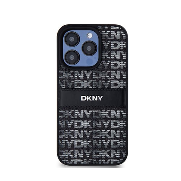 DKNY Læder Mono Stripe & Metal Logo - iPhone 15 Pro Etui (Sort)