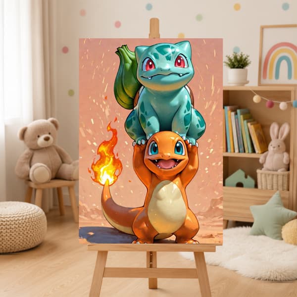 Mal efter nummer billede med ramme Pokémon Bulbasaur Charmander 50x70cm