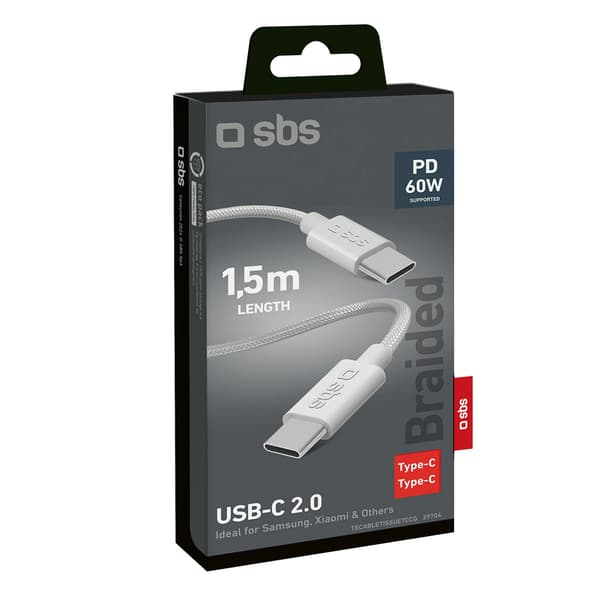 SBS TECABLETISSUETCCG USB-C - USB-C 1.5m 60W punottu kaapeli - harmaa