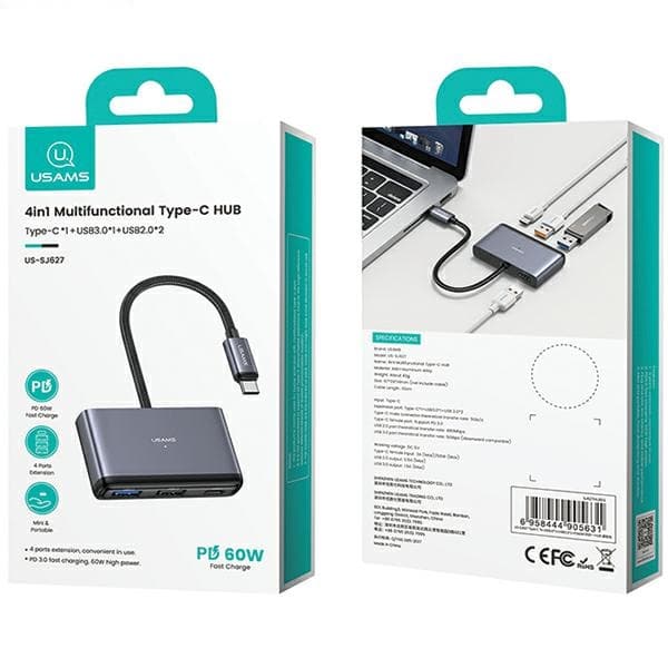 USAMS Adapter HUB 4in1 2xUSB 2.0/USB 3.0/USB-C grå/mörkgrå SJ627HUB01 (US-SJ627)