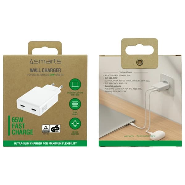 4smarts PDPlug Slim Dual 65W GaN 2xUSB-C -seinälaturi, valkoinen