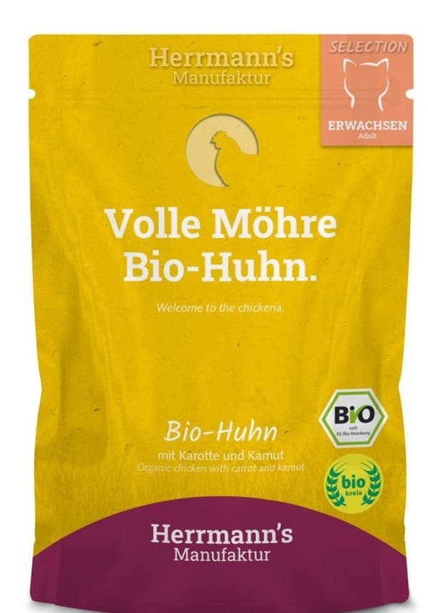 Herrmann's Selection Cat | Ekologiskt våtfoder för katter | 100 g påse - Ekologisk kyckling 100 g