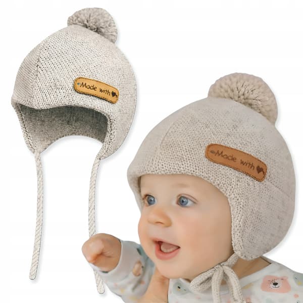 Babyhue 42-44 dobbeltbundet med pompon Forår Efterår lys BEIGE