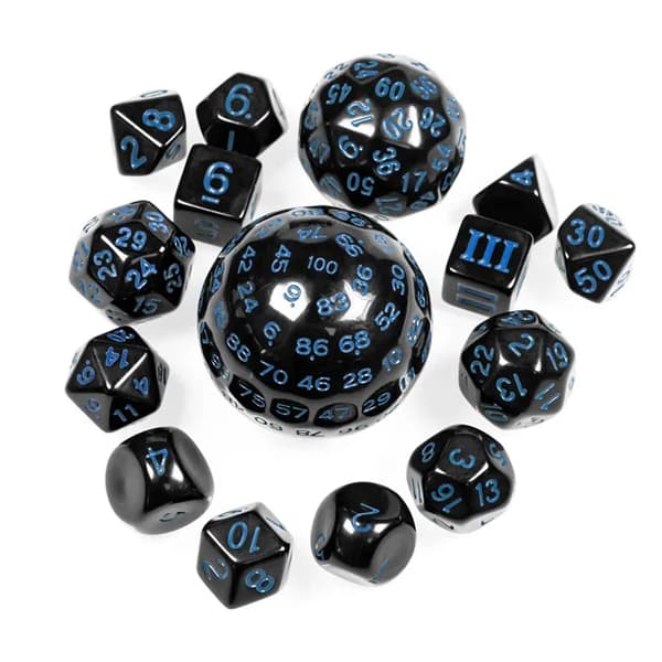 RPG-tärningar svarta och blå set med 15 tärningar