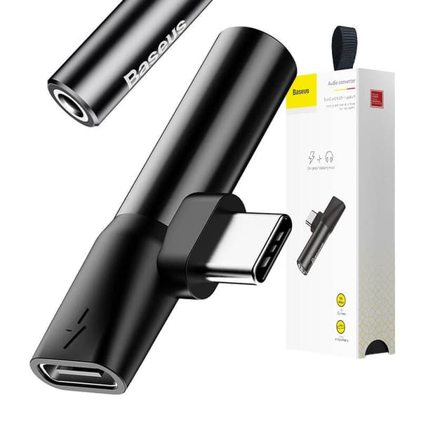 Baseus USB-C - Mini Jack 3.5mm -äänisovitin + USB-C (musta)