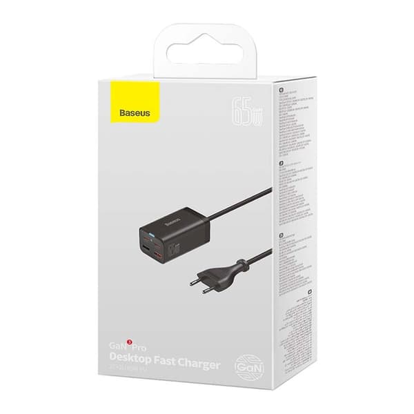 Baseus GaN3 Pro -seinälaturi, 2x USB-C, 2x USB, 65W (musta)