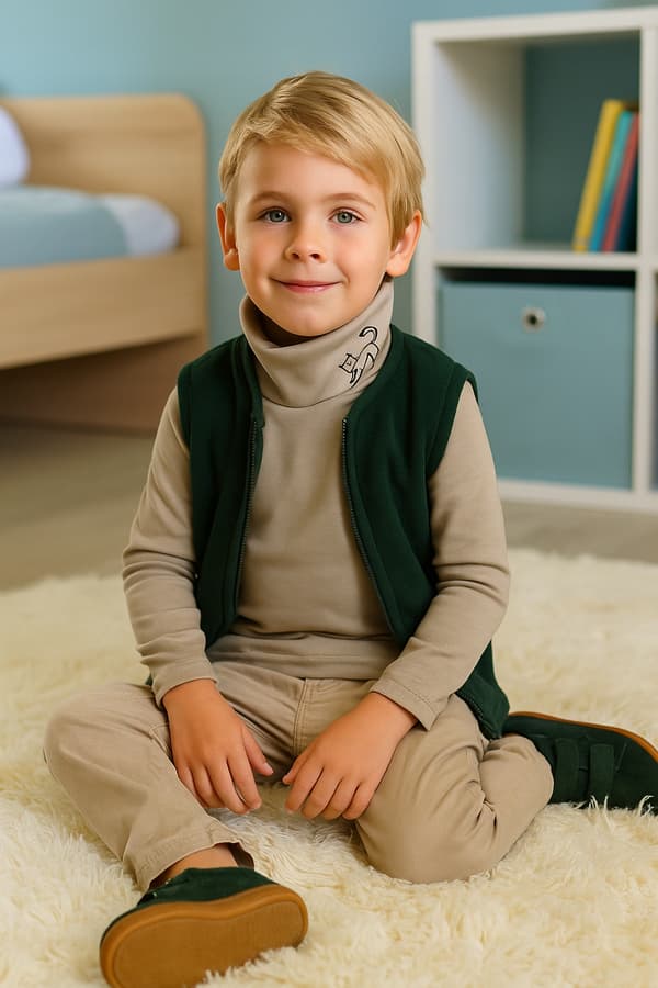 Barn polotroja 116 stickad tröja med tryck beige
