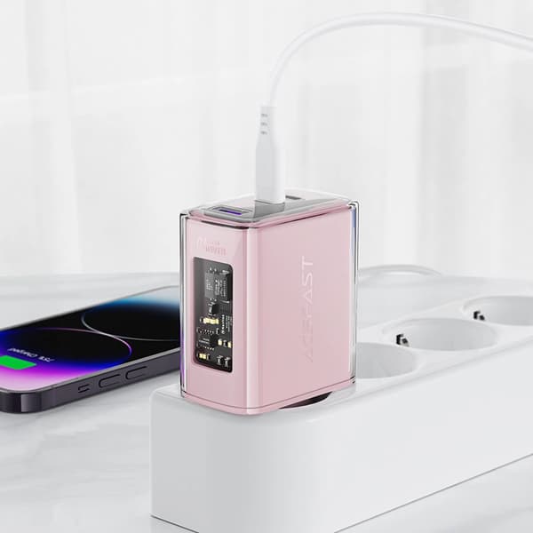 Acefast GaN oplader 65W 3 porte (1xUSB, 2xUSB C) pink (A45)