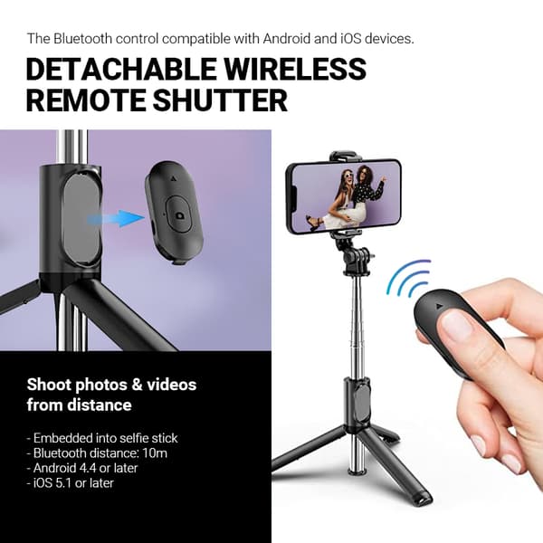 Crong SelfieGo Lite - Kompakt Bluetooth Selfie-stativ (Svart)