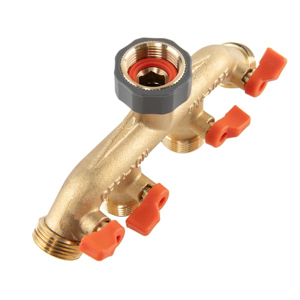 BRADAS 4-VEJS MANIFOLD GW 3/4"x MZ 3/4" MESSING MED BLØDE MESSINGVENTILER