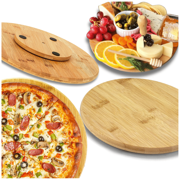 Roterande pizzaskärbräda i bambu, runt tårtfat, 30 cm