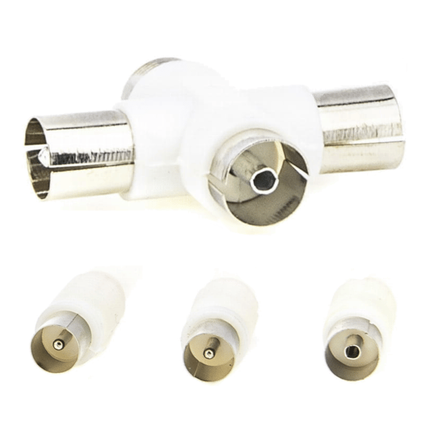 T-stik firevejsstik til antennekabel + 3 stik adapter