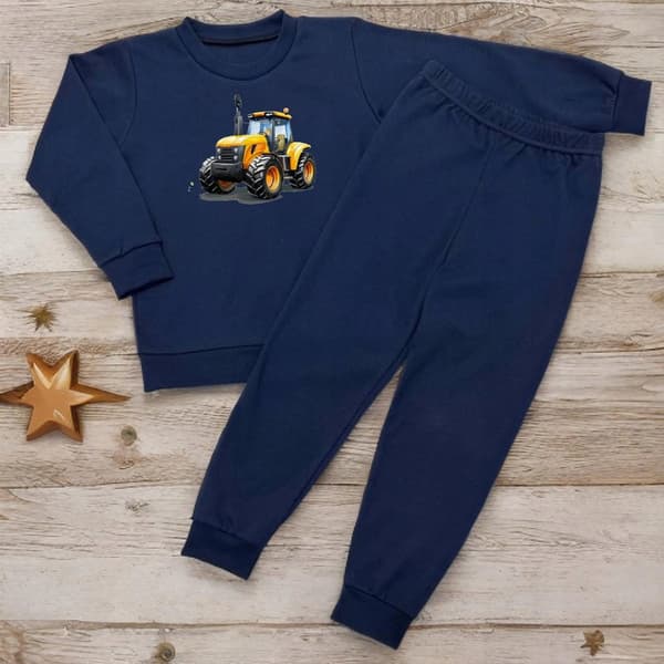 BARNPYJAMAS 110 för POJKAR 100% bomull TRAKTOR-tryck marinblå