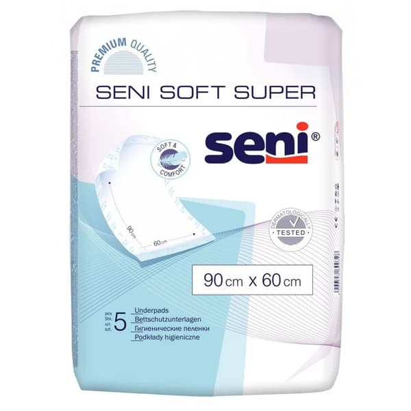 Absorberende sengeunderlag 90cm x 60cm Seni Soft Super 5 stk.