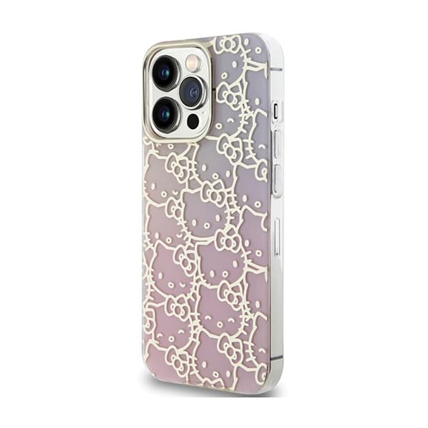 Hello Kitty IML Gradient Electrop Crowded Kitty Head - iPhone 15 Pro -suojakuori (Vaaleanpunainen)