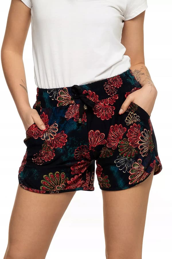 Dameshorts med elastisk talje, binding, løs klassisk blomsterprint, MORAJ S/M