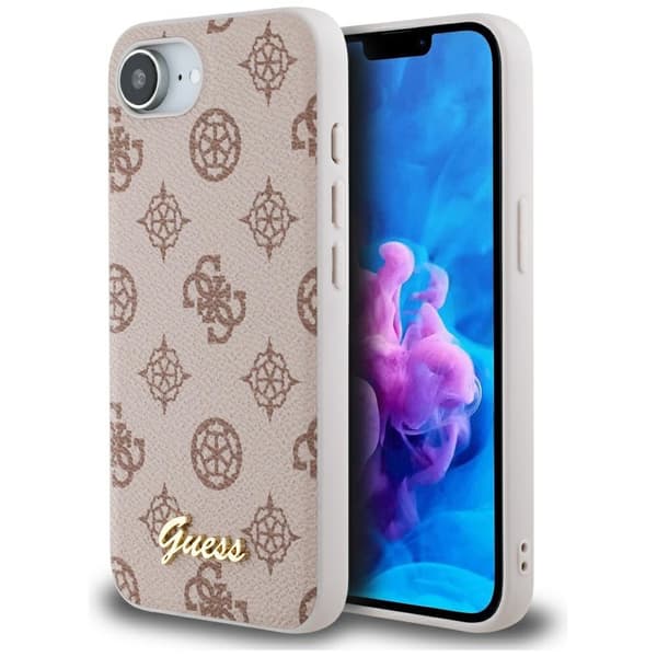 Guess Peony Script Logo MagSafe-cover til iPhone 16e, brunt