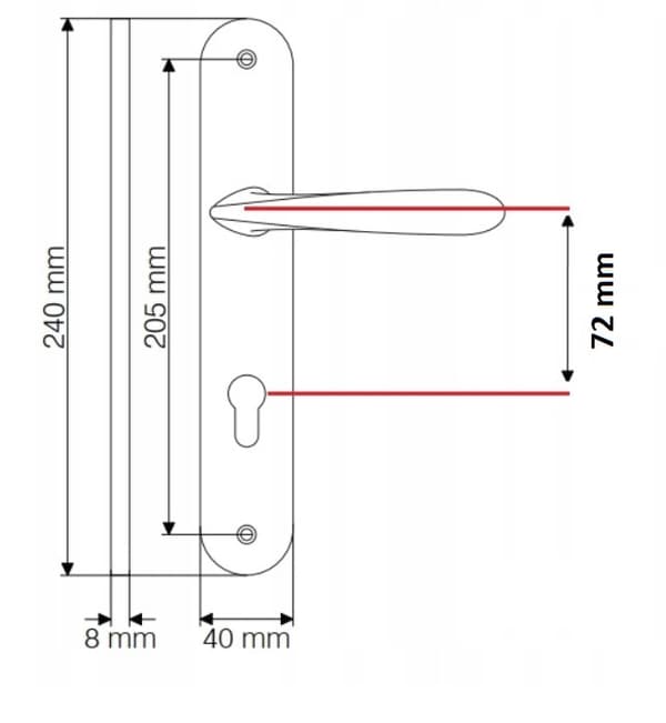 Dørklink på lang bagplade GOA satin 72 mm