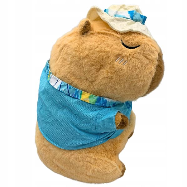 Maskotti pluushukka kapibara kylpyvieras paita hattu hellittelylelu 30cm