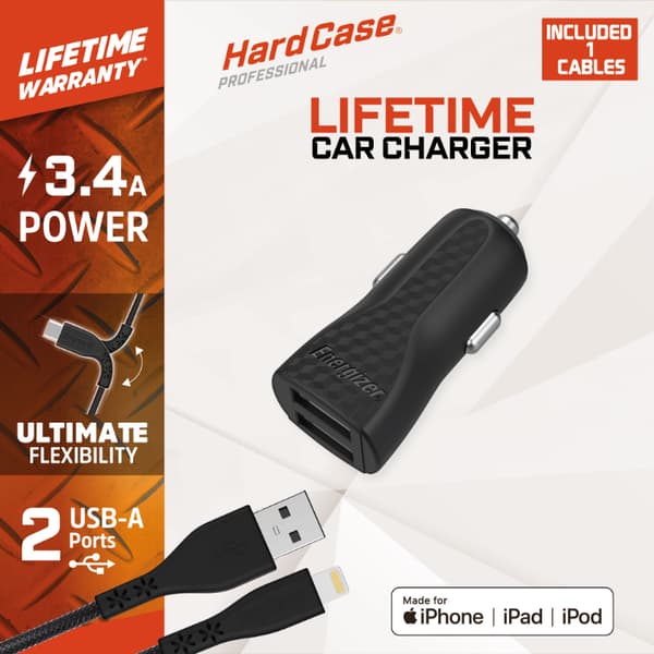 Energizer HardCase - Biloplader 2x USB-A 17W 3.4A + Lightning-kabel MFi-certificeret (sort)