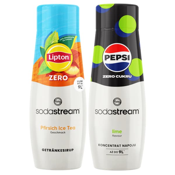 2x SodaStream Lipton Ice Tea Peach Zero Sukkerfri Sirup + Pepsi Max Lime