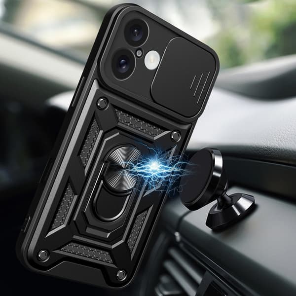 Hybrid Armor Camshield-cover til iPhone 16 Plus med kameracover og stativ - sort