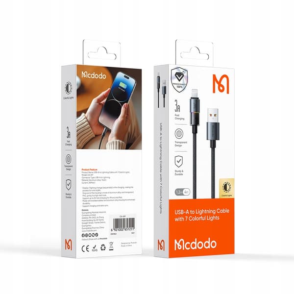 MCDODO USB-KABEL HURTIGOPLADNING TIL IPHONE LIGHTNING 3A 36W 1M LED SORT
