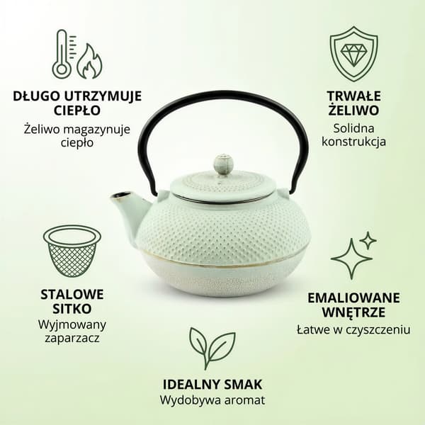 Støbejernskedel 1,5 l mynteinfuser stålsi til urtete