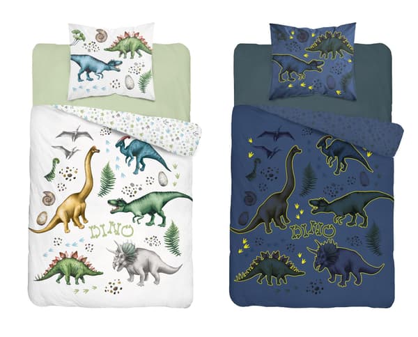 Sengesæt med dinosaurier der lyser i mørket 140x200