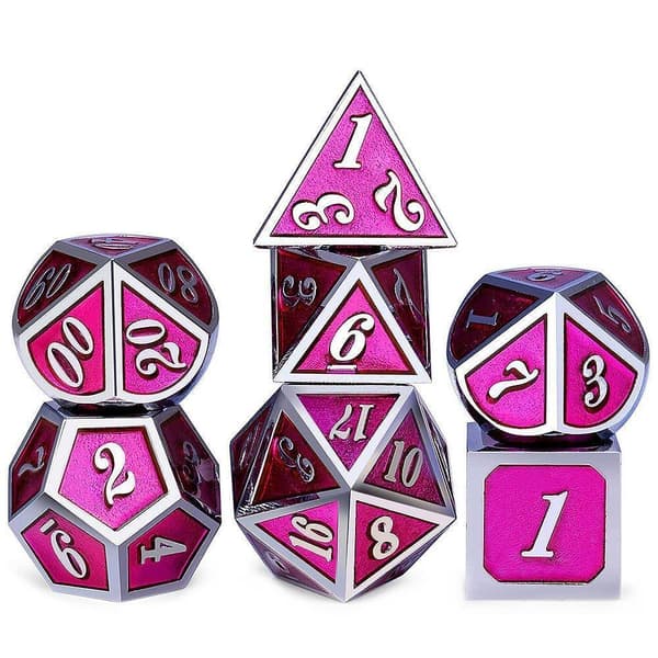 RPG-tärningar chockrosa set med 7 metalltärningar