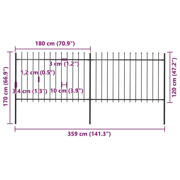 vidaXL Piikkiaita, Teräs, 3,4 x 1,2 m, Musta