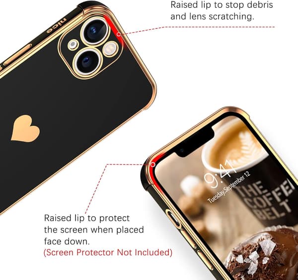 APPLE IPHONE 13 6,1" ETUI SILIKONE SORT GYLDEN HJERTE TILBEHØR A2482
