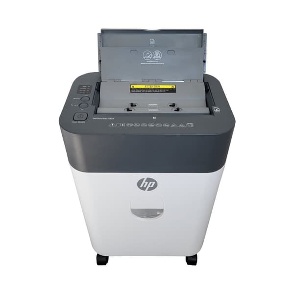 HP ONESHRED Auto 100CC dokumentförstörare, vit och grå