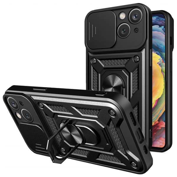 Hybrid Armor Camshield iPhone 14 Plus -kotelo kamerasuojalla, musta