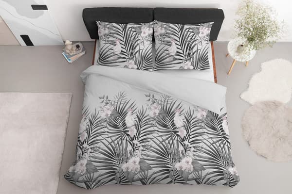 Satin Sengetøj 160x200 Blade Blomster Grå