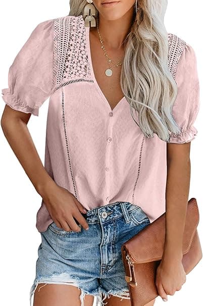 ROSA BLUS MED SPETS, DAM, KORT ÄRM, S