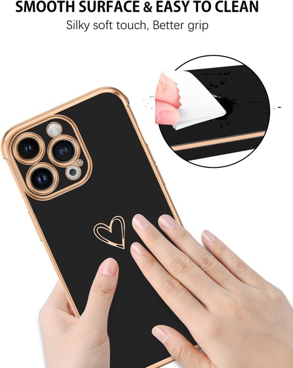 ETUI TIL APPLE IPHONE 14 PRO SORT GULD HJERTE HOLDBART A2890