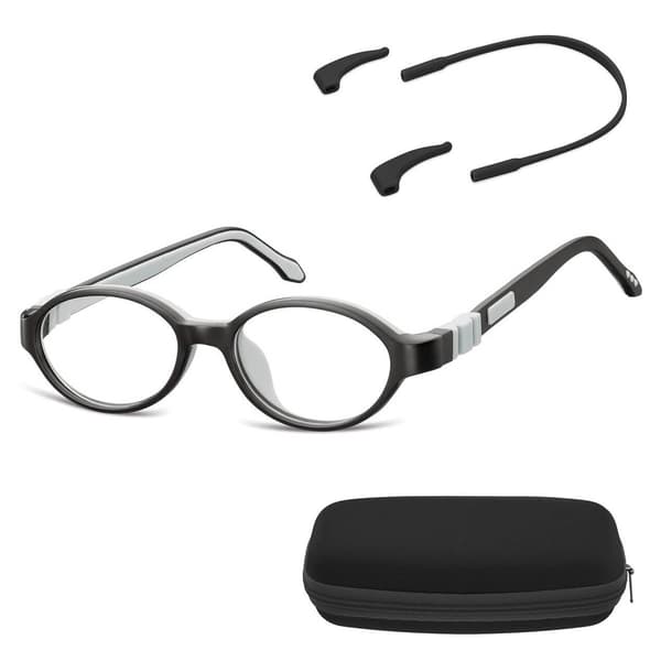 Fleksible, ovale børnebrillestel med klare linser + Sunoptic K3C elastik, sort