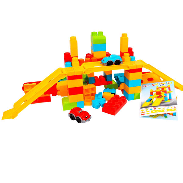 Set med byggklossar, bilspår för montering, rutschkana, 90 element