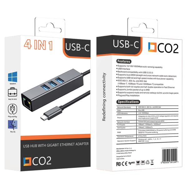 USB-C ETHERNET-ADAPTER LAN-HUB USB GIGABIT RJ45 NETVÆRKSKORT